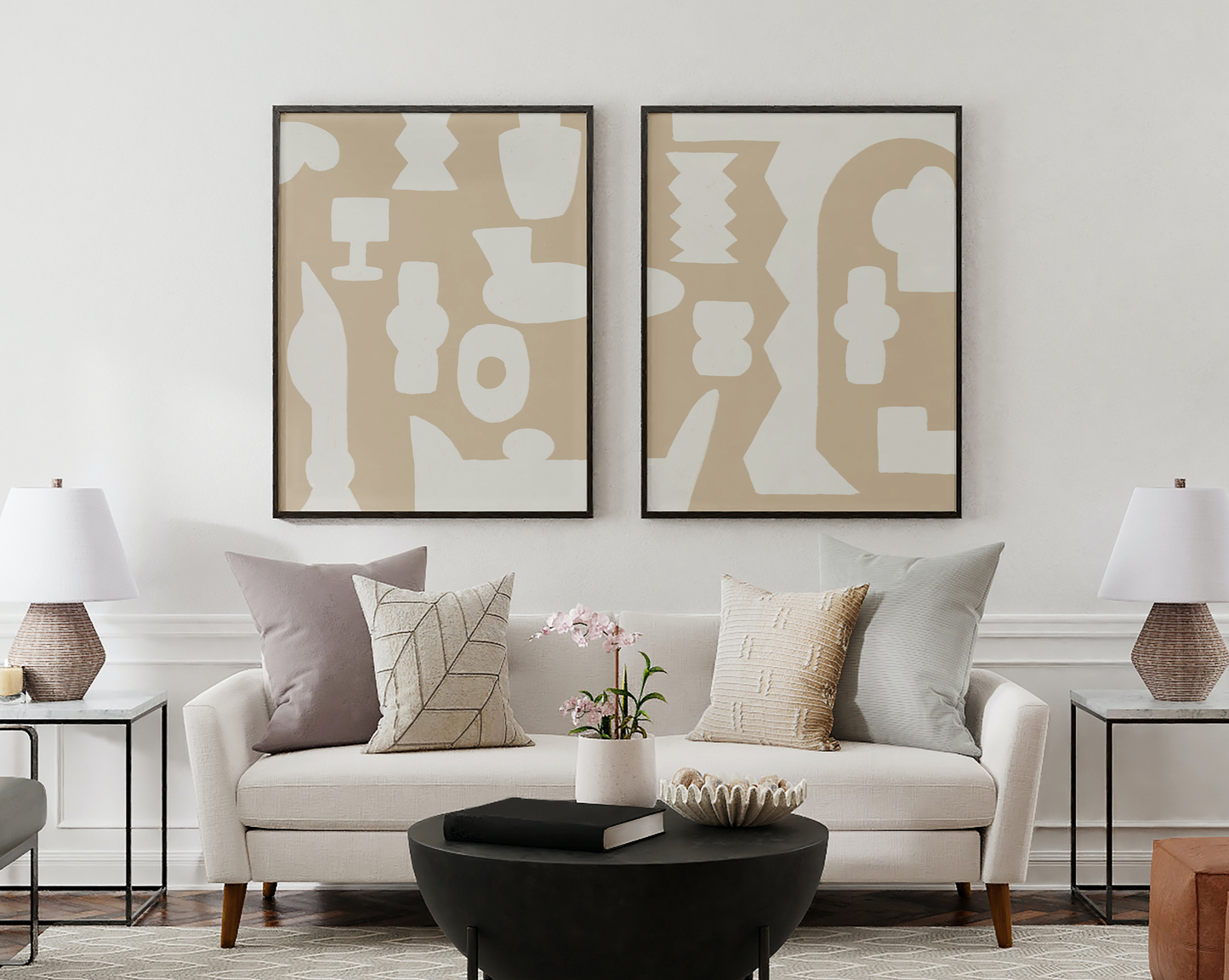 Abstract Modern Duo - 2 piece Geometric Shapes & Neutral Tones Art Minimalist Printable Wall Art Set