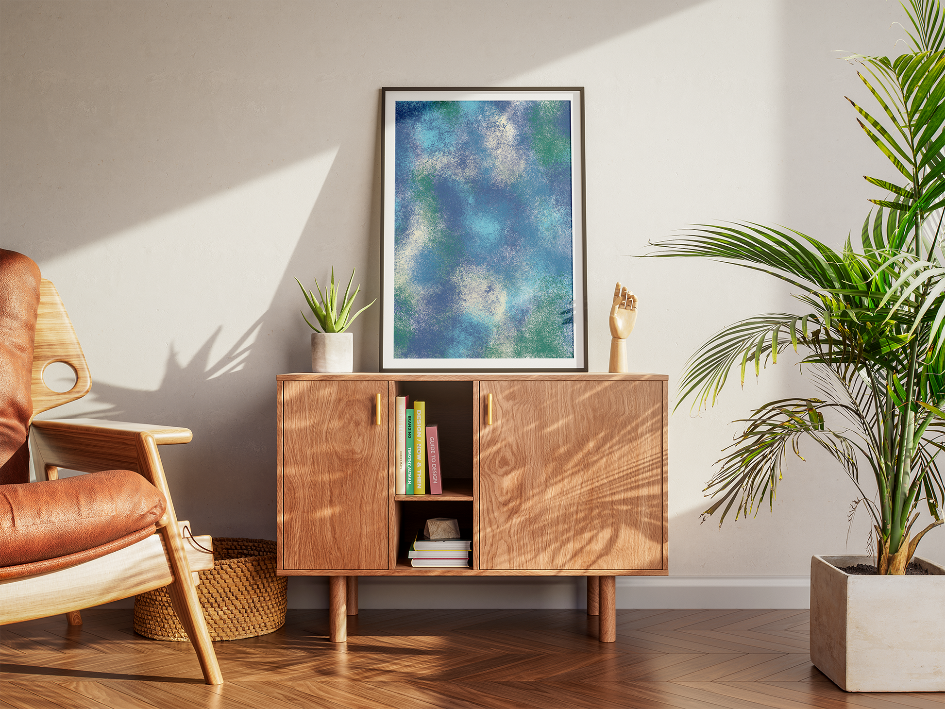 Modern free printable digital artwork with deep blue and green hues, reminiscent of a serene ocean, displayed on a sideboard with simple decor, contributing to a sustainable home aesthetic