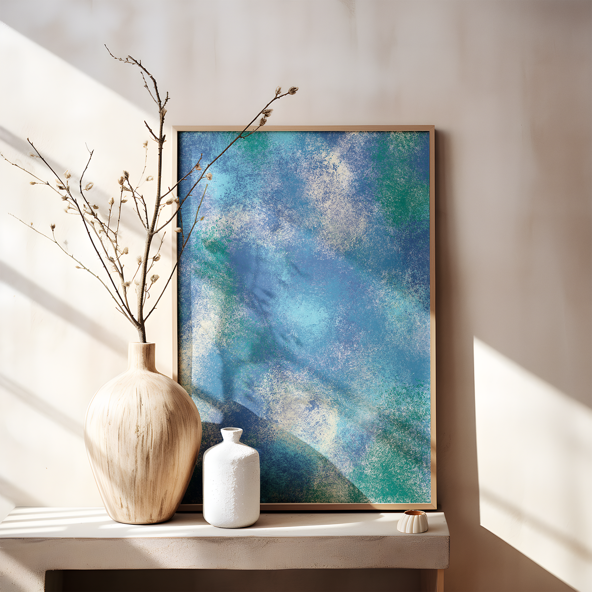 Free Printable digital painting with abstract blue and green texture, evoking an underwater dreamscape, showcased on a minimalist shelf beside a dried botanical arrangement.