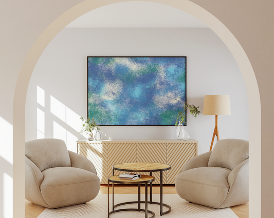 Abstract free printable digital painting of textured blues and greens, creating a calming atmosphere, hung on a clean white wall above a modern wooden console in an eco-friendly home setting