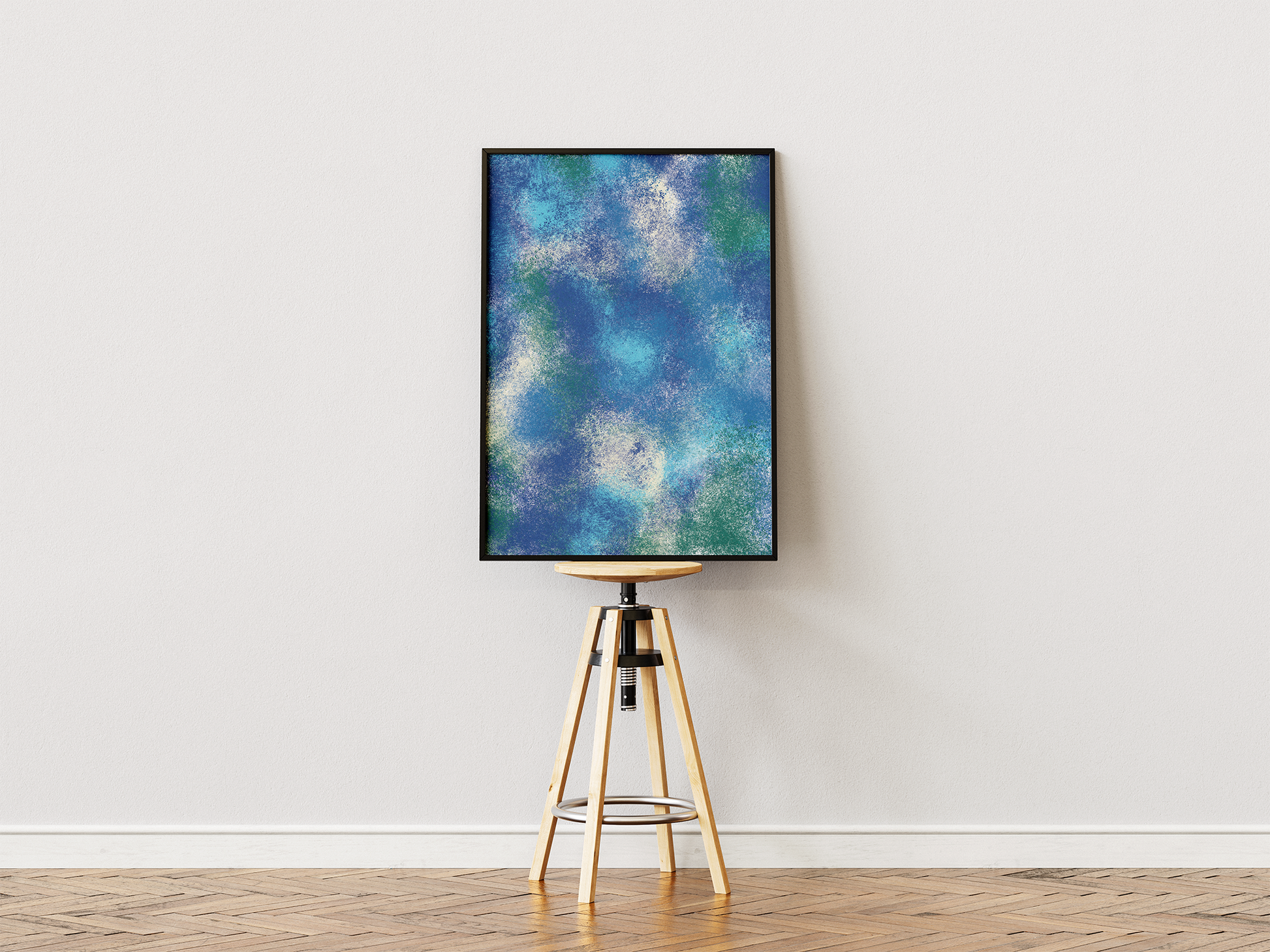 Free Printable artwork of a textural blue-green abstract design, reminiscent of sea foam and ocean waves, presented on a wooden easel as an eco-friendly decorative element