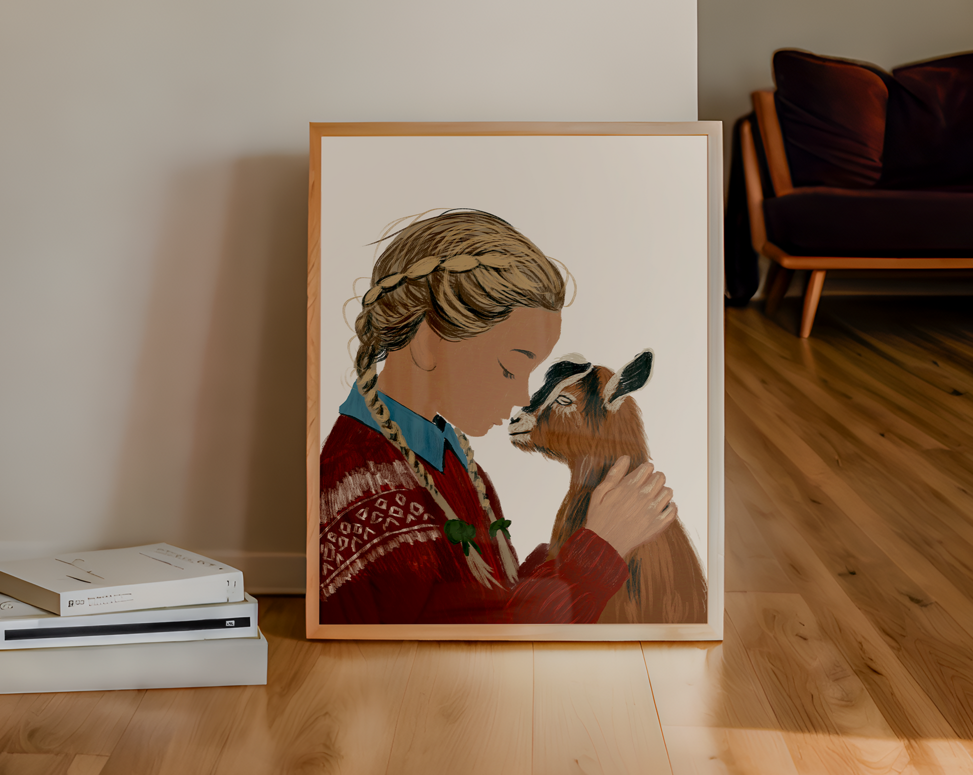 A framed digital print of a tender moment between a girl and a goat, casually leaning against a wall on a wooden floor, enhancing the room's warmth