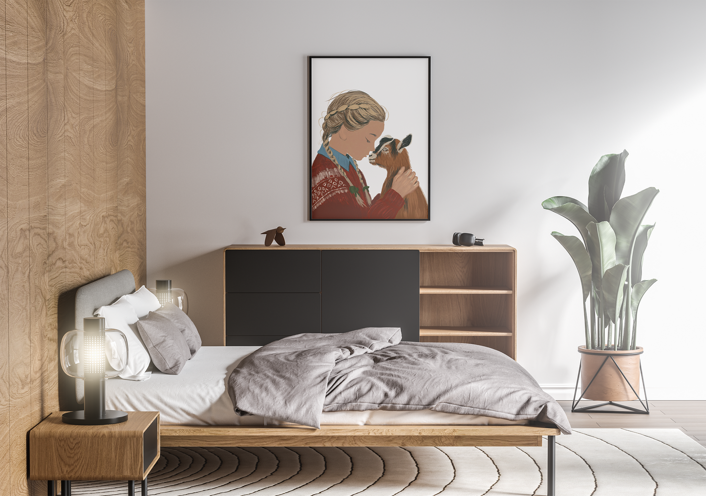 A serene bedroom setting with a printable digital artwork of a girl caressing a goat, hung above a minimalist dresser next to a potted plant