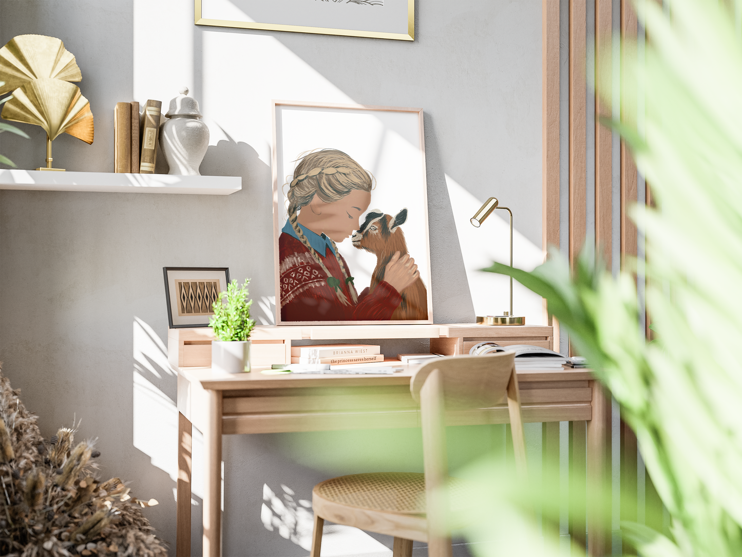 A bright workspace with a printable digital painting of a girl and a goat framed on the desk, contributing to a creative and peaceful atmosphere