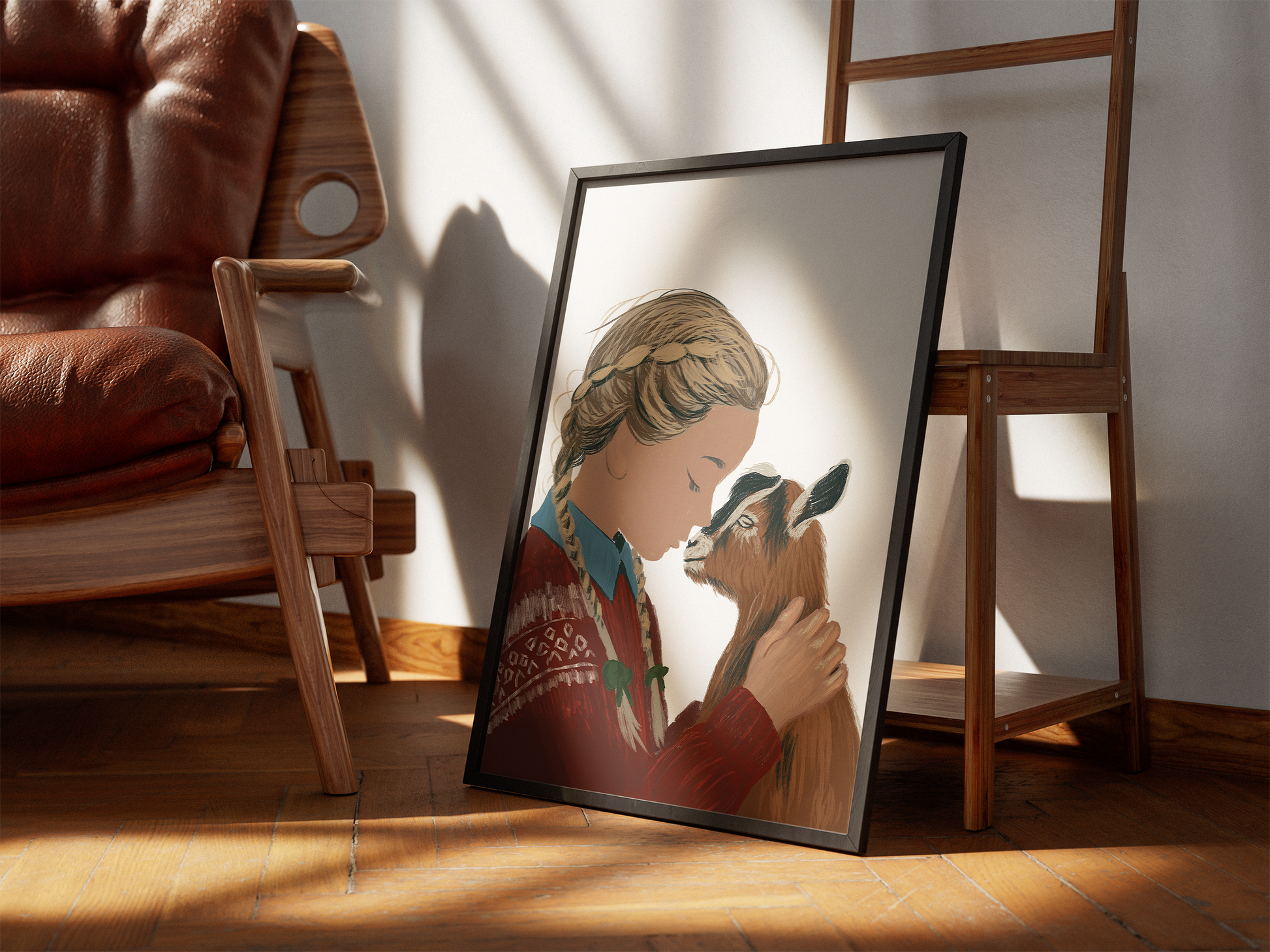 A printable digital painting of a girl in a red sweater holding a baby goat, creating a focal point in a well-lit corner with a stylish wooden chair and ladder shelf