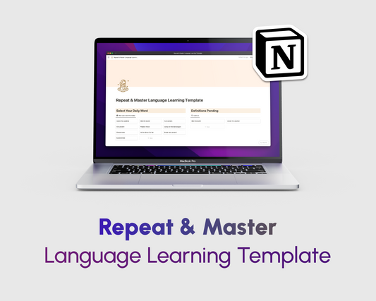 Promotional image of a laptop displaying the 'Repeat & Master Language Learning Template' in Notion, ideal for organizing and tracking language study progress