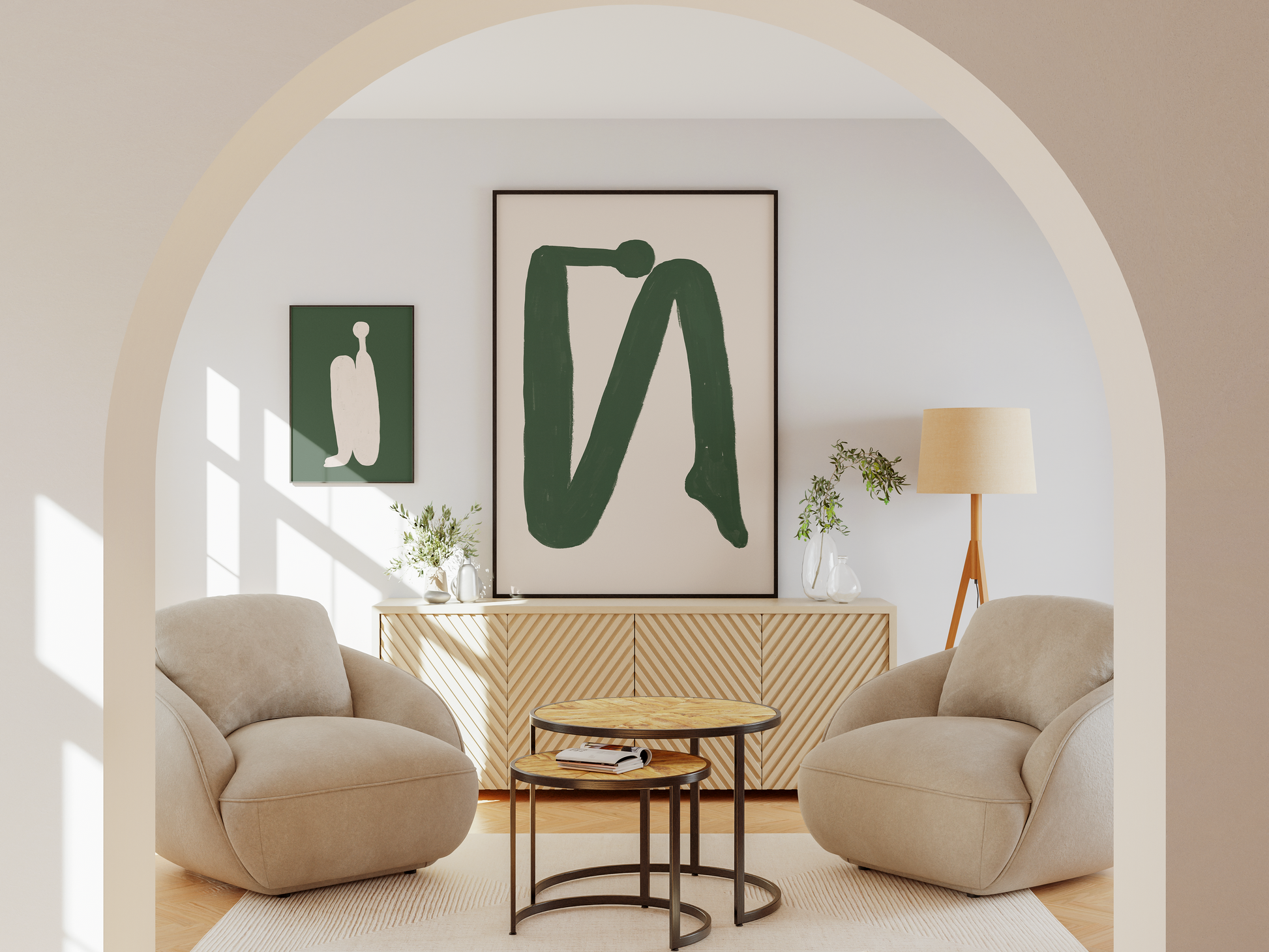 A cozy sitting area featuring two plush chairs with a large abstract green painting over a chevron console table, flanked by a smaller piece with a minimalist white figure