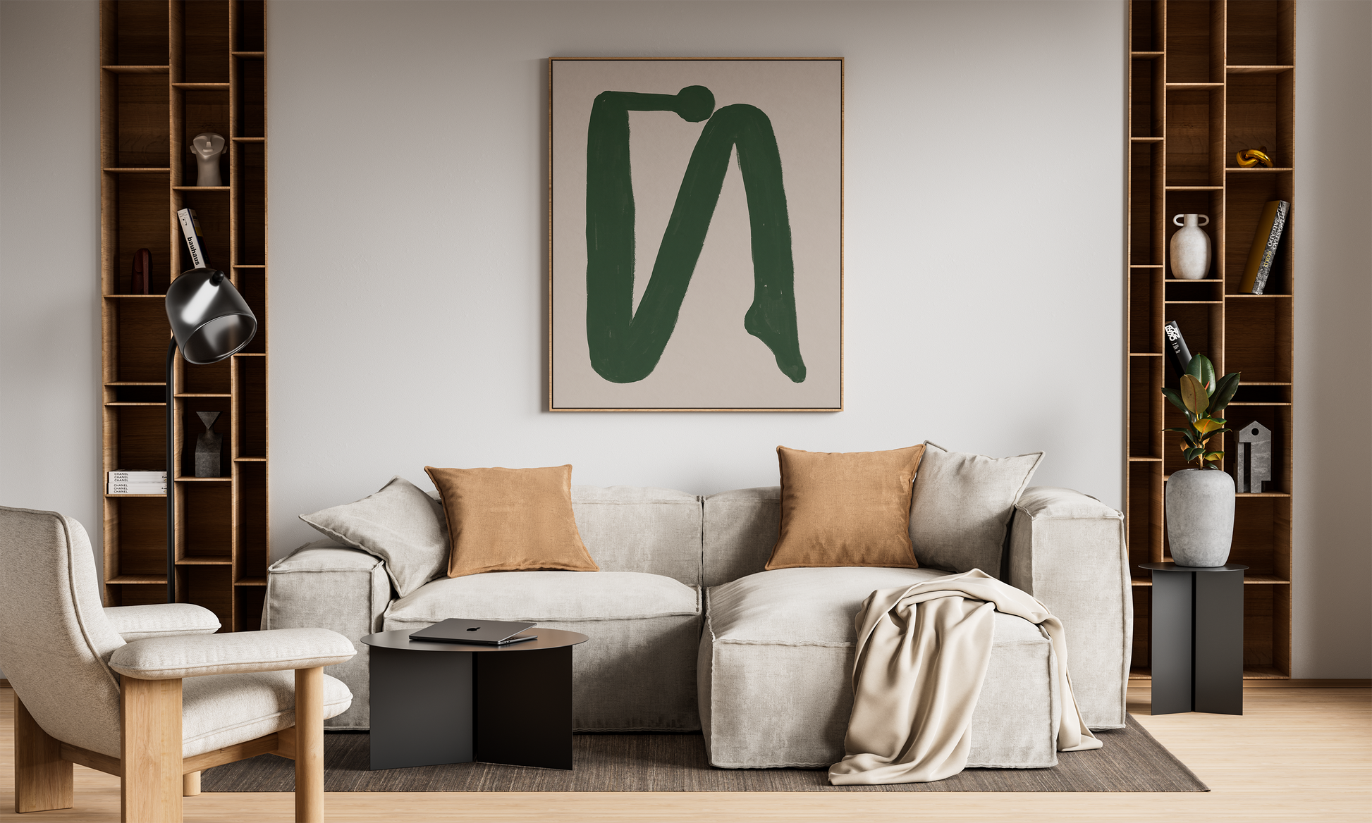 A chic living space furnished with a soft gray sofa and two abstract framed paintings, one with a prominent green figure, adding a touch of modern artistry.