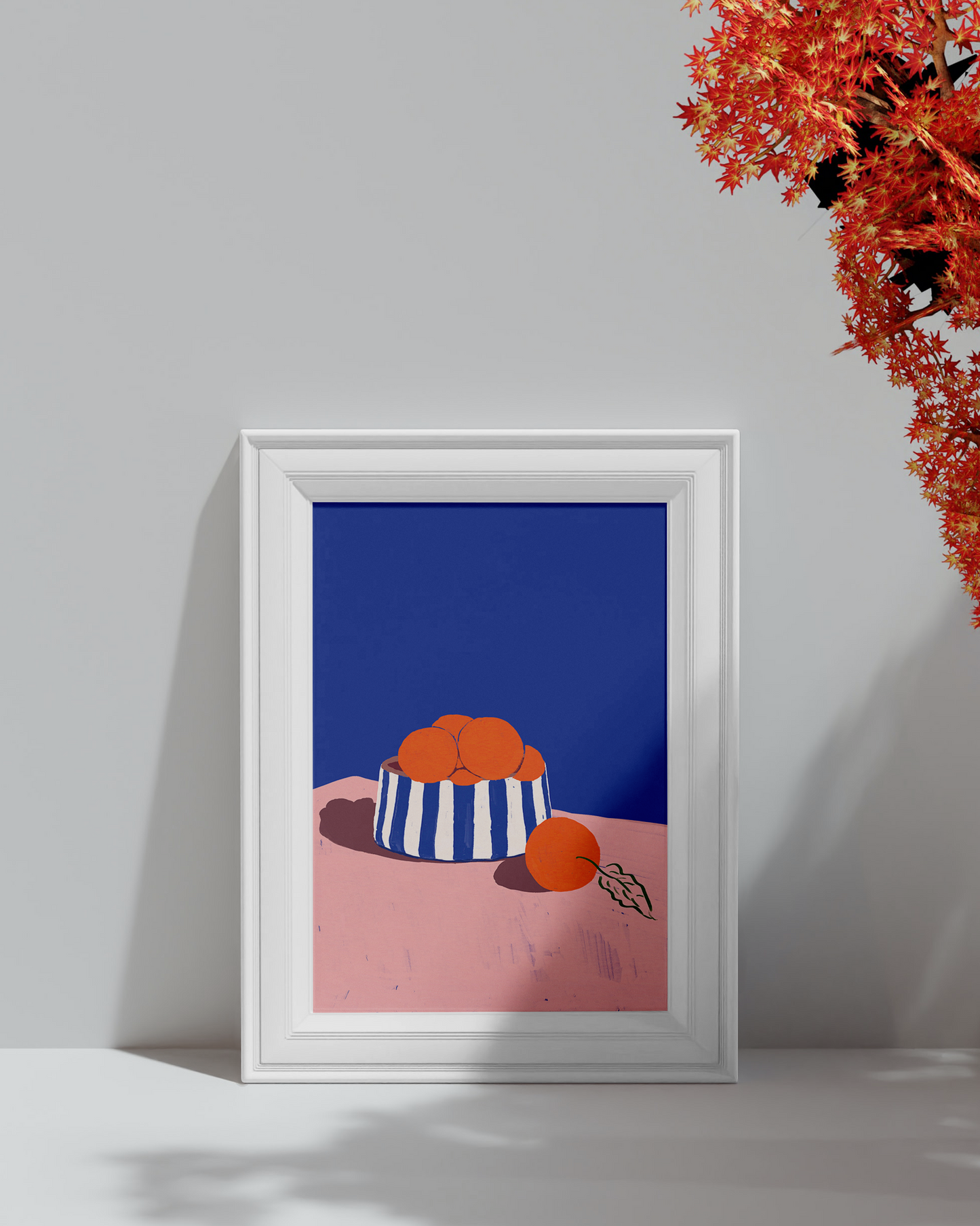 A hand-painted digital painting of a whimsical striped bowl overflowing with bright oranges, against a stark blue sky, framed in white for a modern look