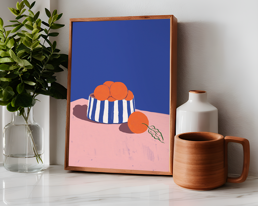 Hand-painted digital art print showcasing a still life with oranges on a striped plate, with a serene blue sky backdrop, ideal for modern home decor