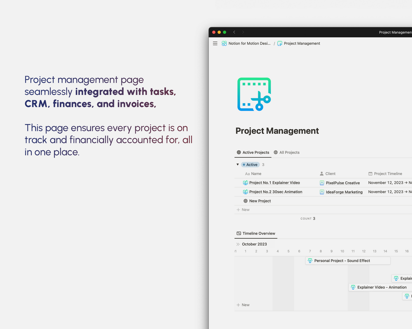  Display of a project management page integrated with tasks, CRM, finances, and invoices. It lists active projects with details such as client, timeline, and a timeline overview with task entries for specific projects.
