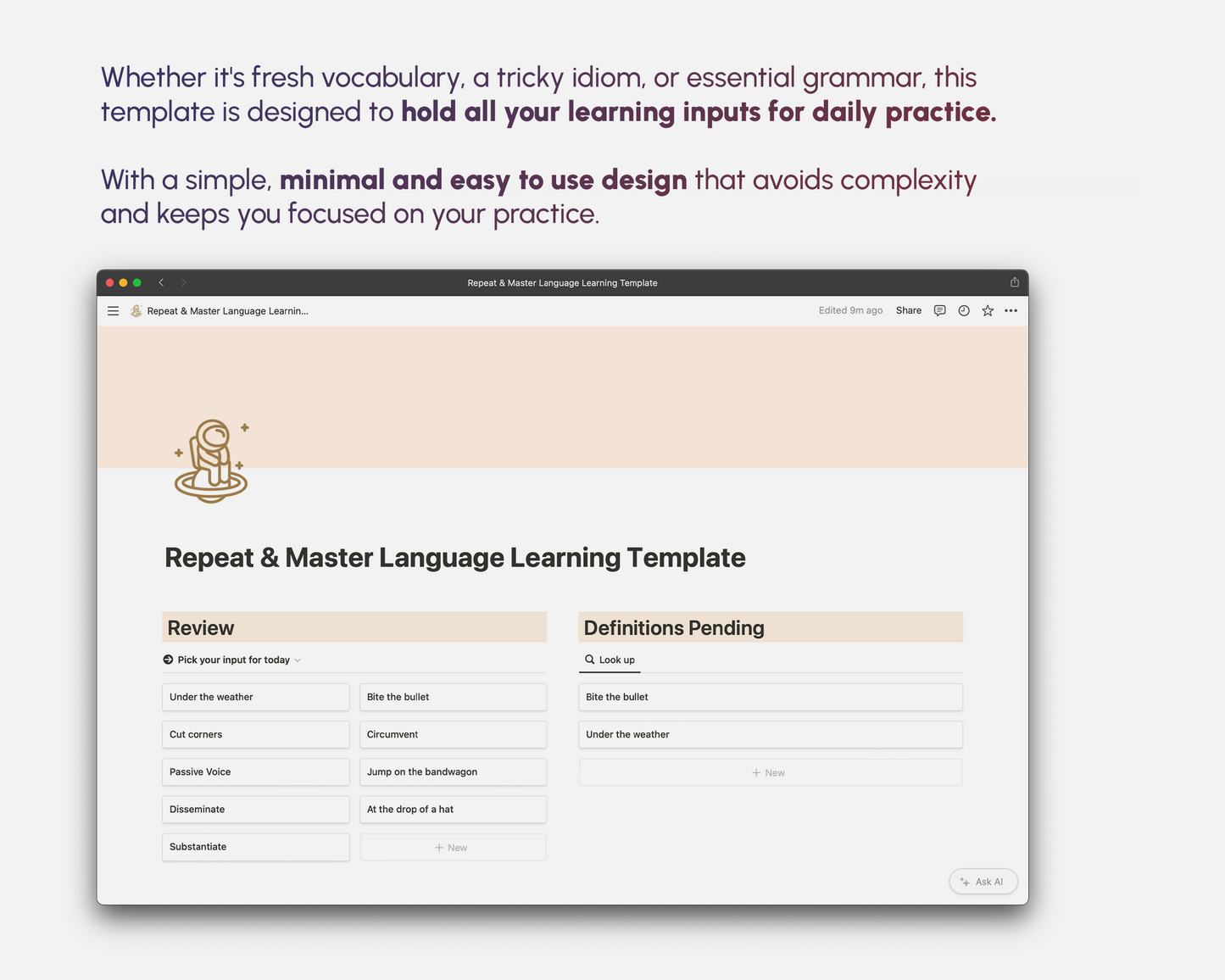 Preview of a Notion template for language learning, emphasizing the template's simplicity and ease of use for managing daily practice in grammar and vocabulary.