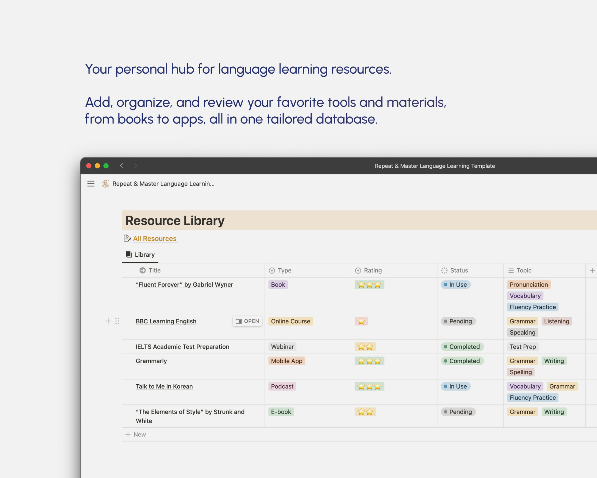 Screenshot of a Notion template titled 'Repeat & Master Language Learning' featuring a resource library for organizing language learning materials like books, courses, and apps.