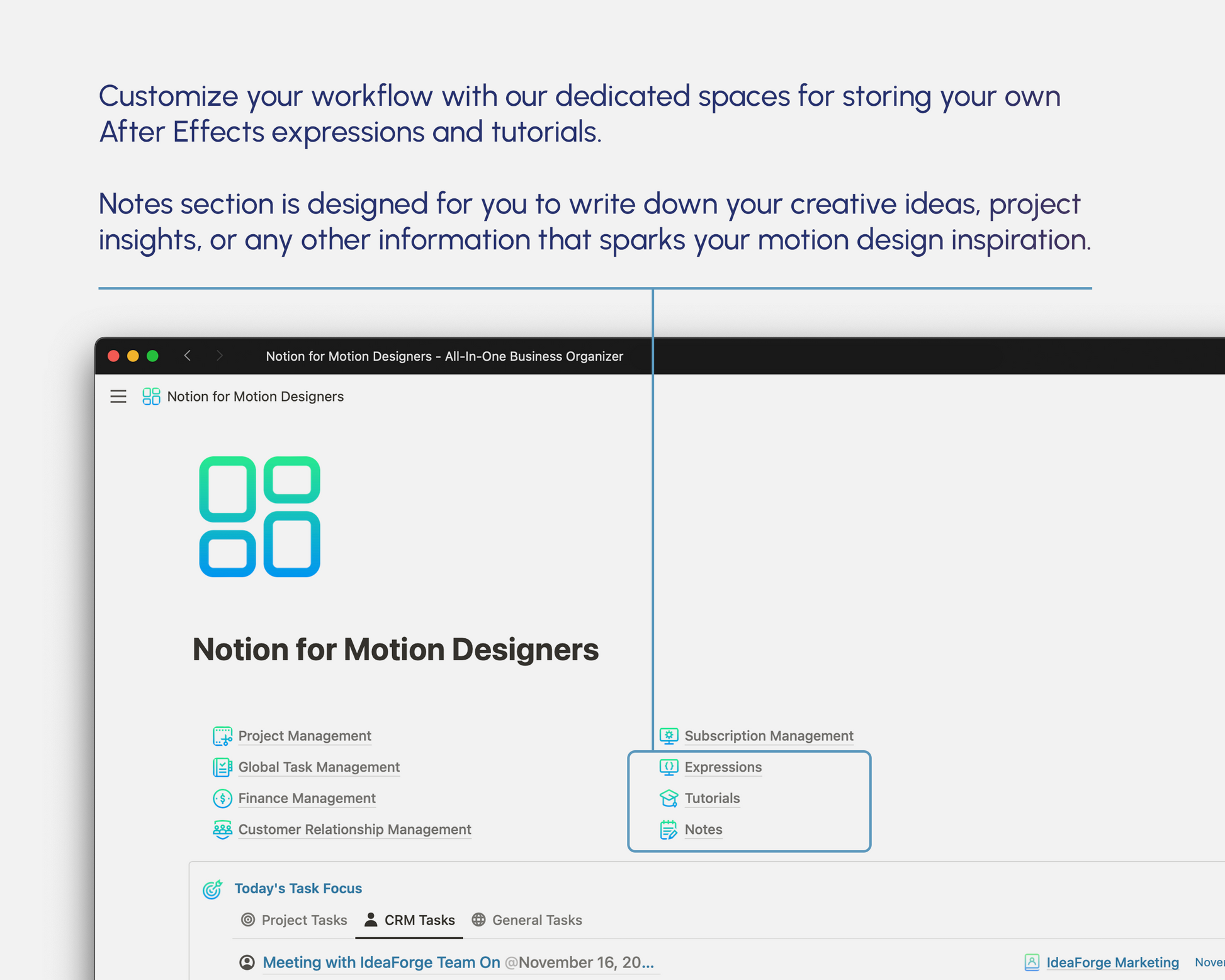 Screenshot of a webpage titled 'Notion for Motion Designers - All-In-One Business Organizer' featuring an interface with sections for project management, subscription management, expressions, tutorials, and notes. There is also a daily task focus panel.
