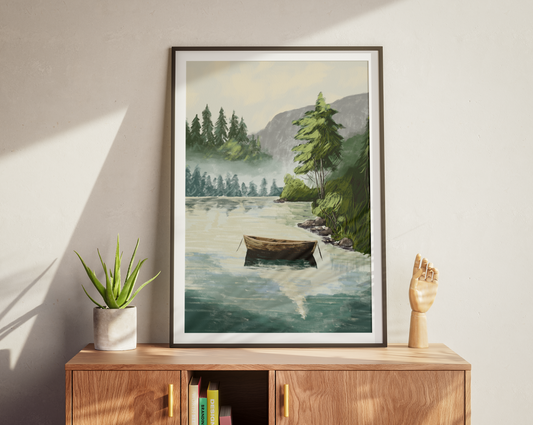 Printable digital painting of a serene lake scene with a lone boat, surrounded by pine trees, displayed in a modern home setting with a wooden sideboard and potted aloe plant.