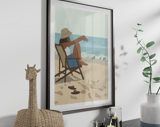 Coastal vibe digital print of a woman by the sea, ideal for bringing a calm, beachy atmosphere to any room