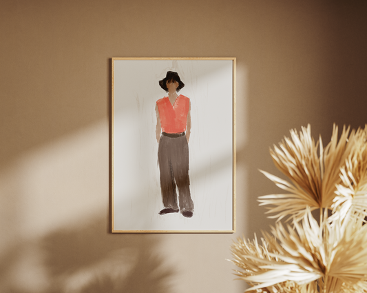 Printable digital painting of a stylized figure in a red blouse and grey pants, set against a minimalist background, framed in gold and accentuated by warm ambient lighting and golden dried grass decor