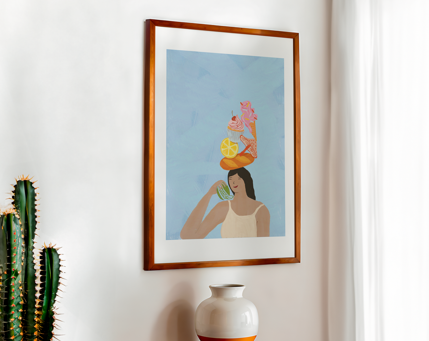 A printable digital painting of a whimsical woman with a colorful ice cream and fruit hat, bringing a playful touch to home decor, displayed beside a cactus.