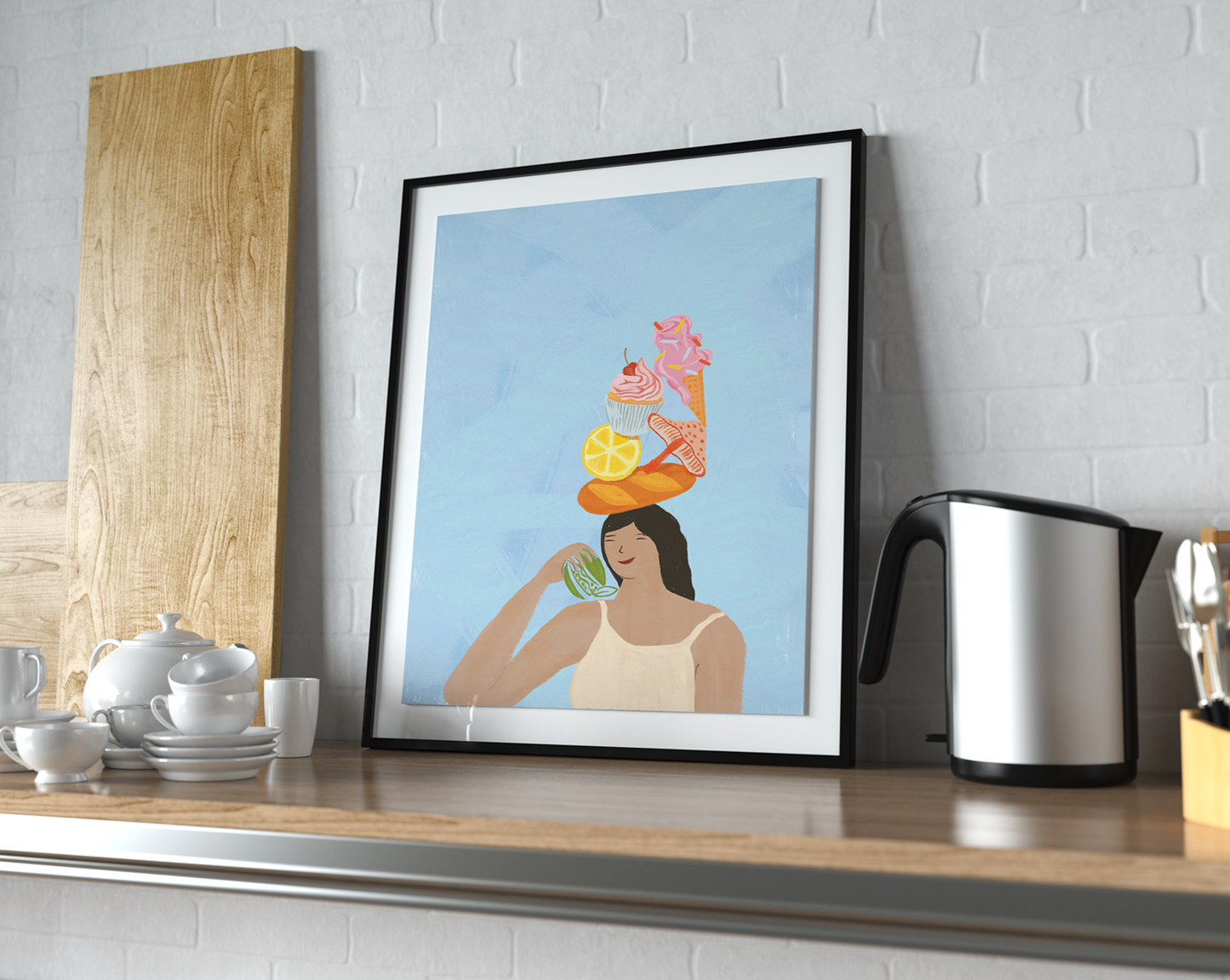 Printable digital painting of a woman enjoying a watermelon slice, with an artful pile of sweets and fruits atop her head, placed above a kitchen counter