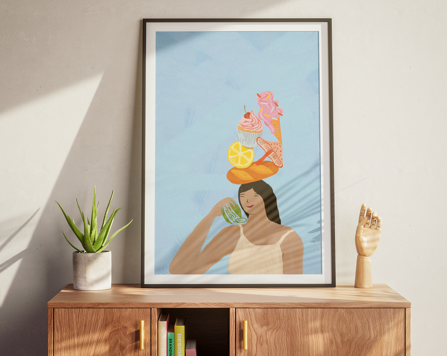 Hand-painted digital artwork depicting a woman in a cream dress, balancing a vibrant, fruit-laden on her head, adding a cheerful accent to the room