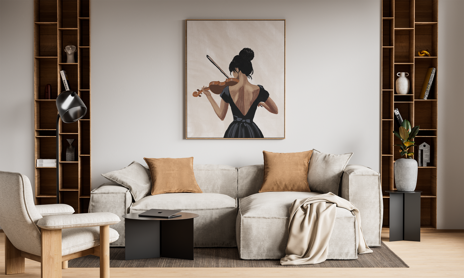 Cozy living room featuring a large portrait of a violin player on the wall, adding a touch of sophistication above a neutral-toned sofa with plush pillows.