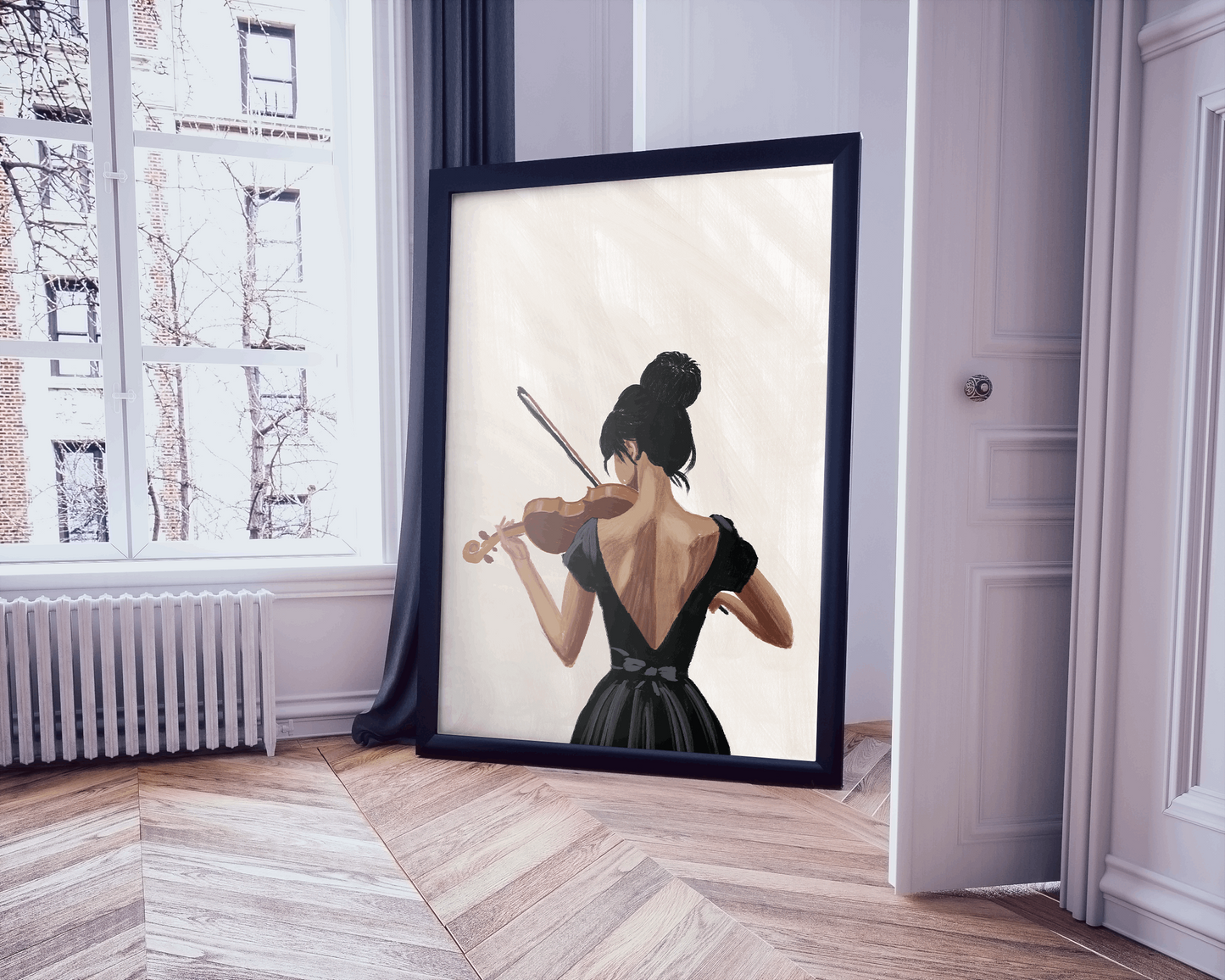 Elegant framed artwork of a woman playing the violin, set against a cream backdrop, leaning against a wall with a view of winter trees through a nearby window.