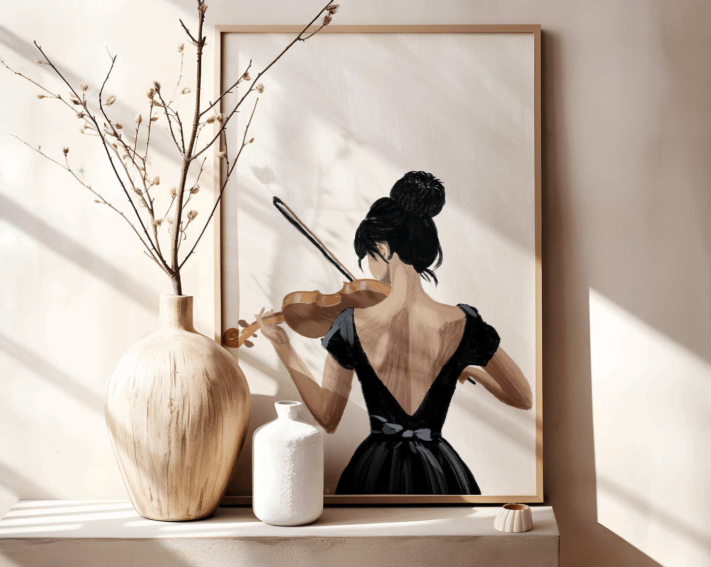 Artistic painting of a female violinist in a black dress against a neutral canvas, displayed on a wooden console table beside a textured vase and dried branches