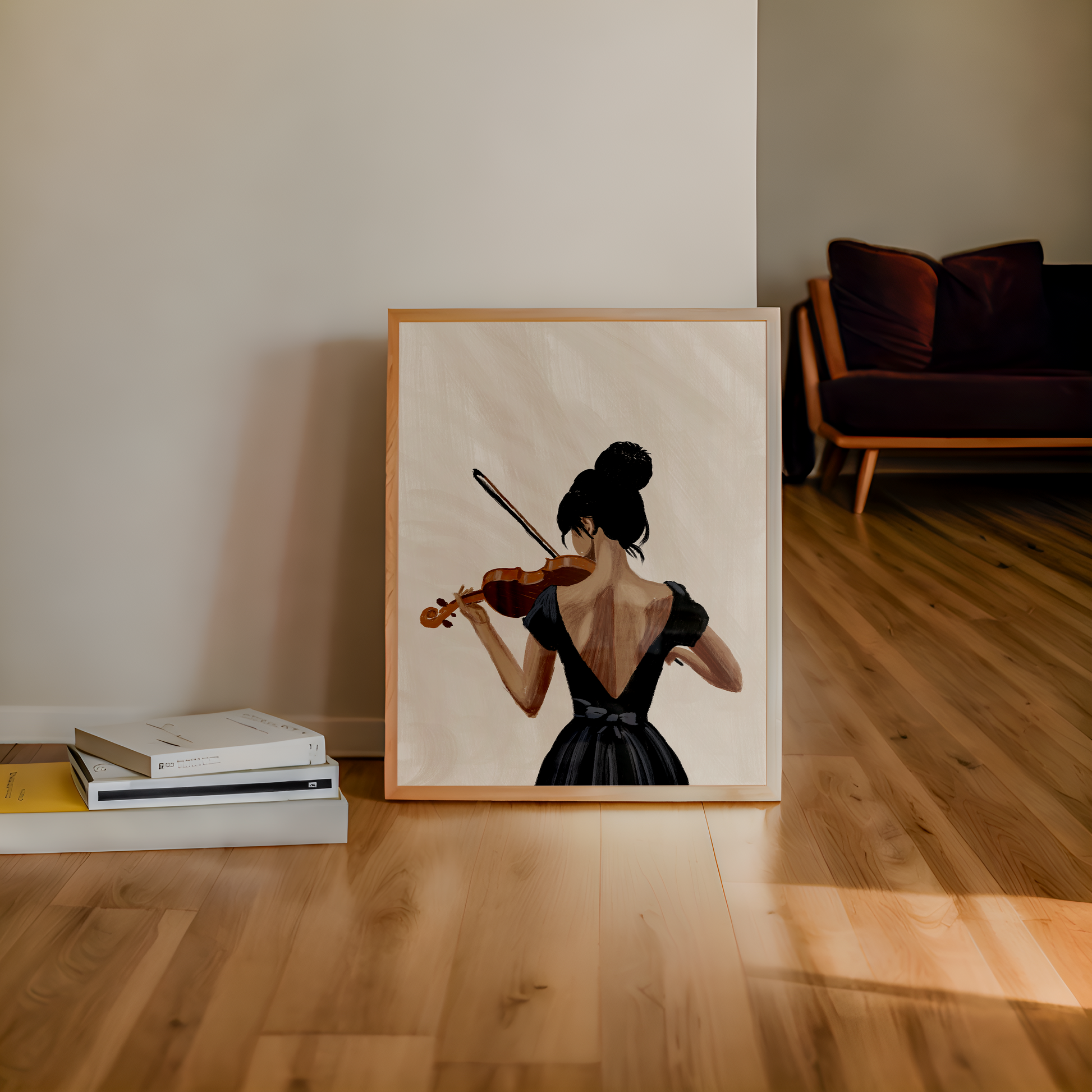 Minimalist painting of a violinist poised to play, resting on a hardwood floor against a light wall, with the warm glow of sunlight casting a soft shadow